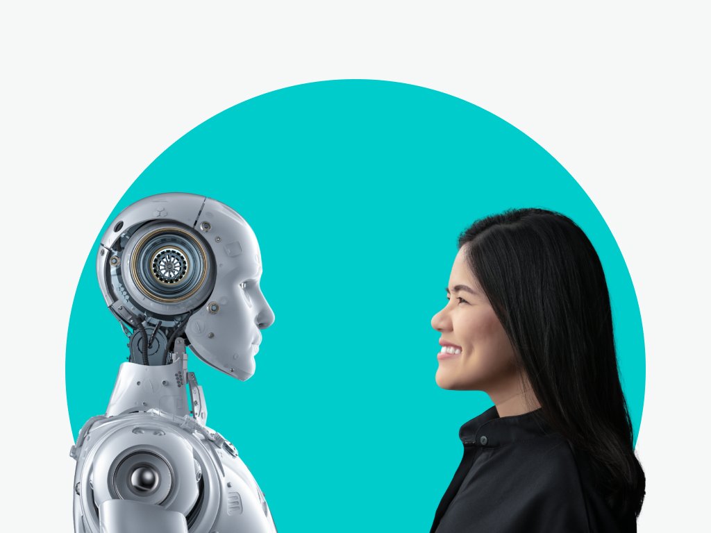 human-like robot on the left facing a woman with dark hair on the right with a blue circle in the background
