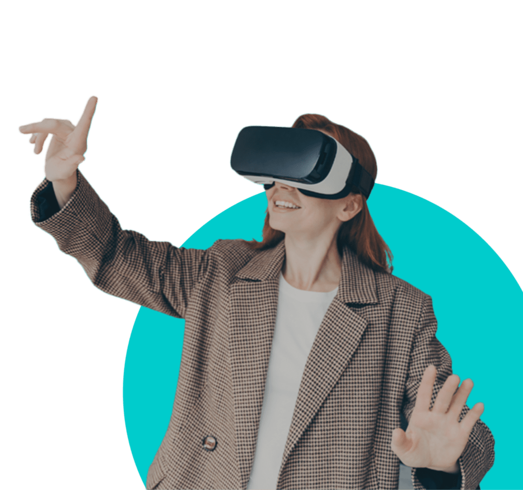 A woman in a brown jacket with VR headset on using her right arm and hand to point to the left of the image in front of a blue circle in the background