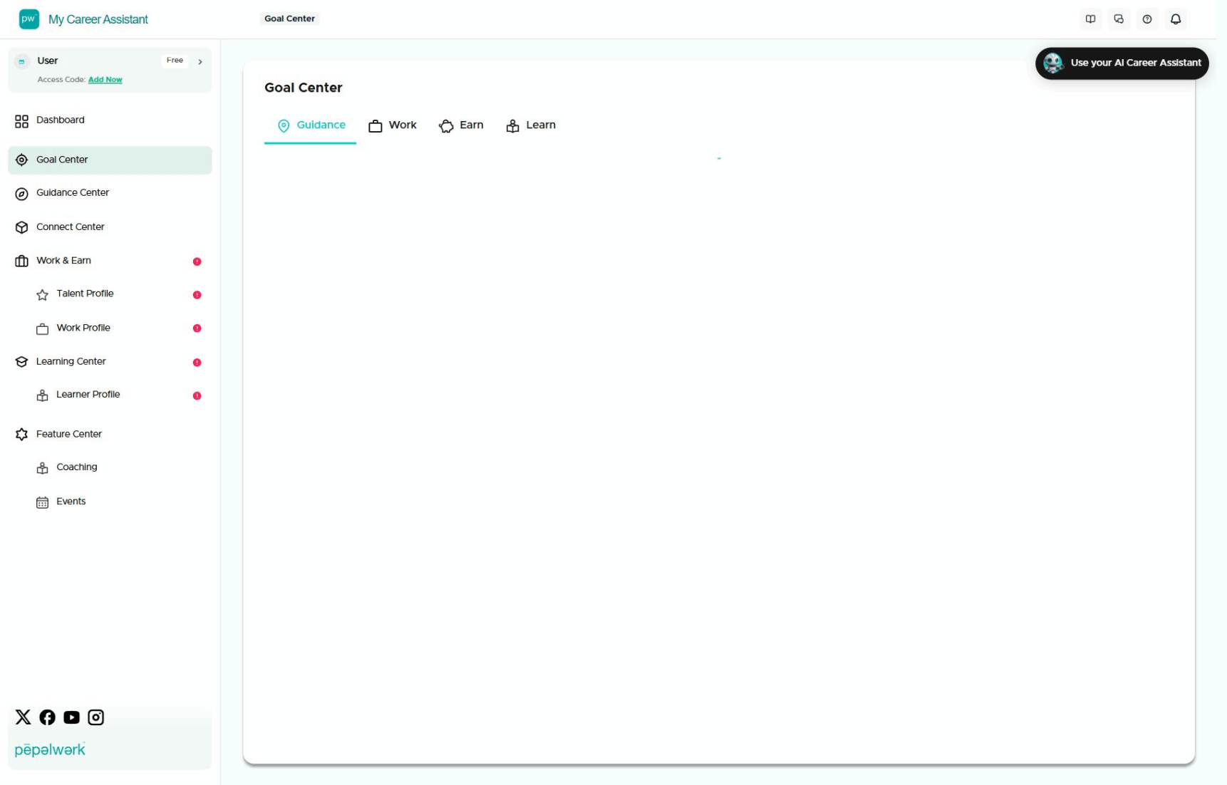 People Hub Goal Center with the Guidance tab selected and an empty-state message.