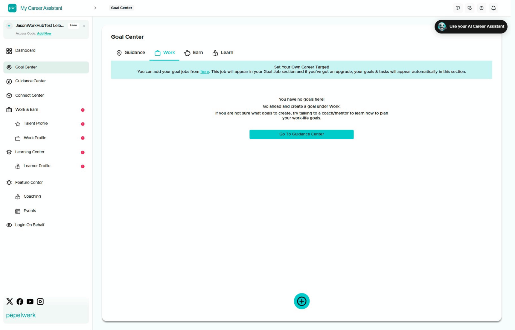 People Hub Goal Center with the Work tab selected and career target guidance.