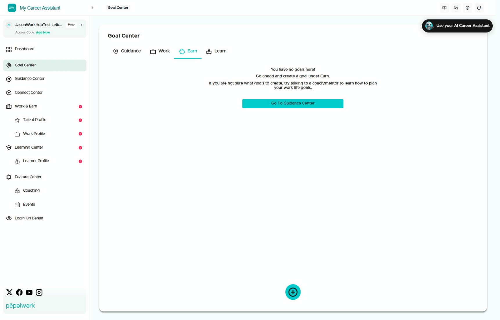 People Hub Goal Center with the Earn tab selected and an empty-state message.