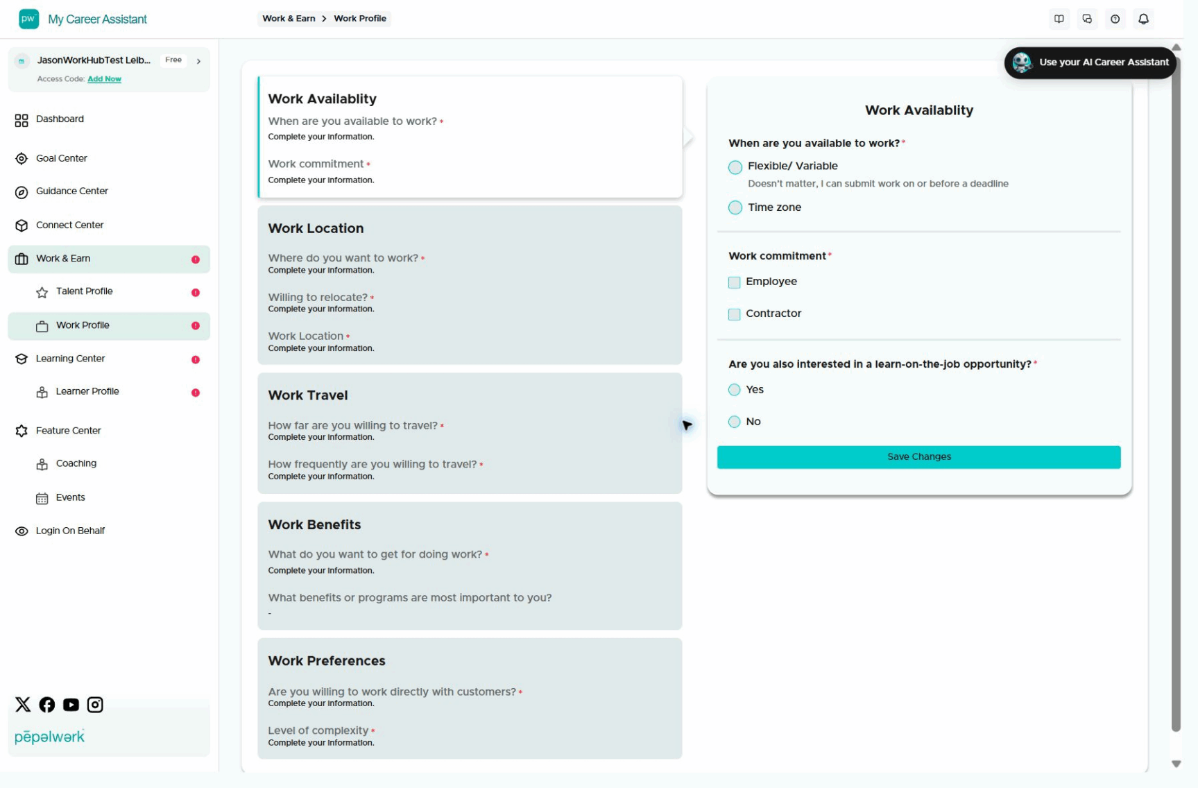 People Hub Work Profile showing work availability, location, travel, benefits, and preferences.